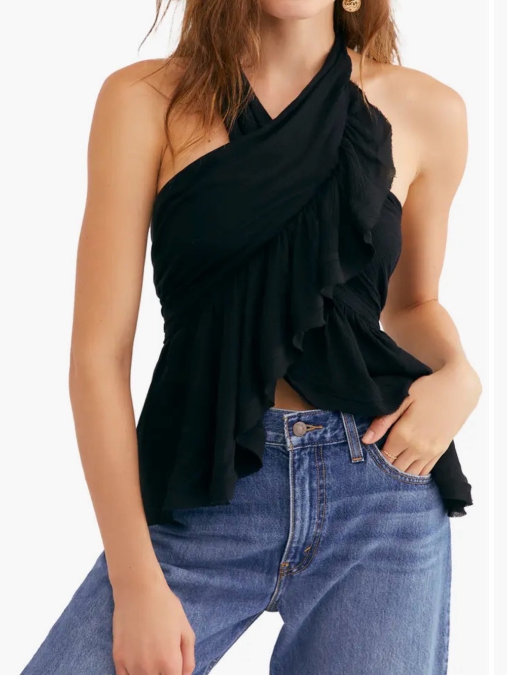 Free People Chrissy Cross Neck Halter Tank  black ruffles smocked elastic Sz S